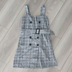 Plaid Button-Front Belted Mini Dress in Black & White